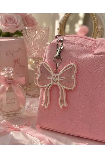 Coquette Pembe Fiyonk Çanta Charmı – Simli Kurdele Anahtarlık, Kawaii Çanta Süsü