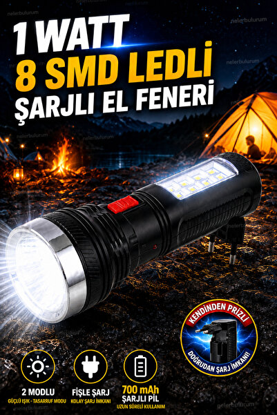 nelerbulurum Kendinden Prizli Şarjlı 1 Watt 8 SMD LED’li El Feneri – 2 Modlu,...