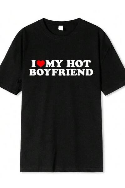 k222 تي شيرت قطني عالي الجودة بطباعة I Love My Hot Girlfriend Boyfriend، تي ش...