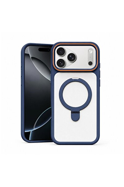 Zebana Apple iPhone 17 Pro Uyumlu Kılıf MagRing Standlı Silikon Kılıf Lacivert
