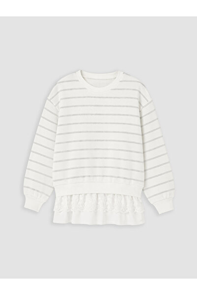 LC Waikiki Lcw Kids Ecru Crew Neck Ruffled Girls' Sweatshirt