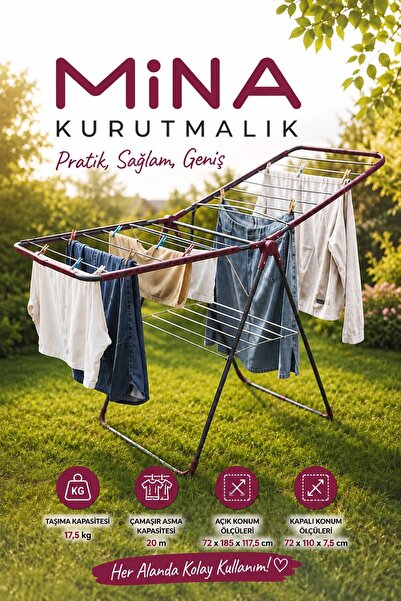 HAZARPAZAR Mina Large Çelik Katlanabilir Çamaşır Kurutmalık – 20m Kapasite