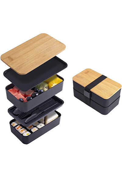 Choice BLACK Adult Bento Lunch Box, 2-Tier Food Storage Container Set with Cu...