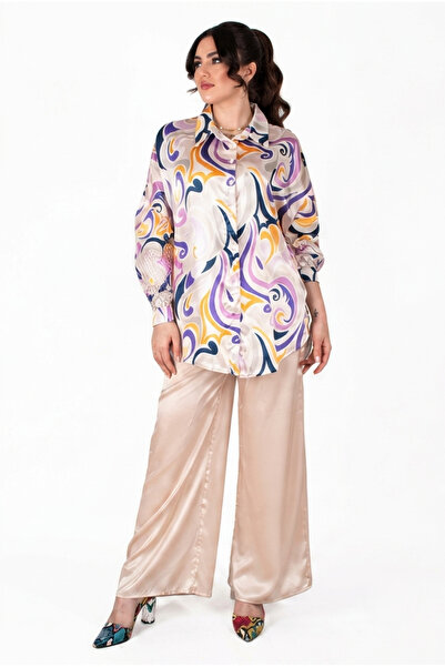 MQ High Quality Women's Satin 2 Piece Set (Modern Patterned Shirt + Trousers)...
