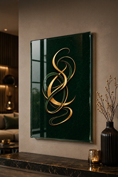 Zümrüt Yeşili Altın Soyut Çizgiler Dekoratif Cam Tablo 50 x 70 cm
