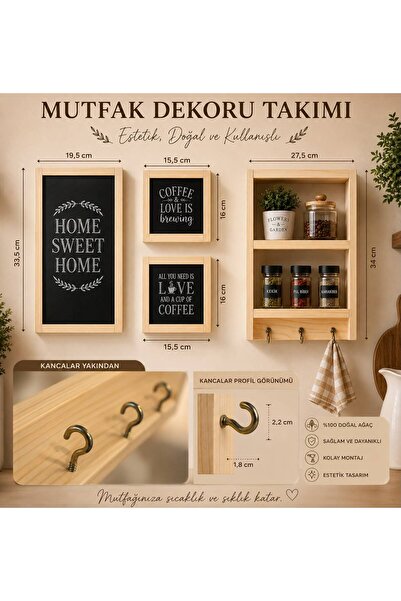 EVİNİZİNRİTMİ RTM HOME Mutfak Dekoru Takımı Ahşap Duvar Rafı, Havluluk ve Dek...