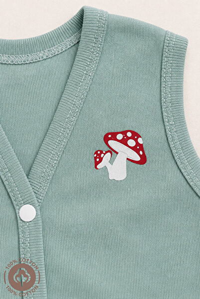 Miniel Unisex Bebek Mantar Baskılı Pamuklu Likrasız Ribana Kumaş Penye Bebek Yelek