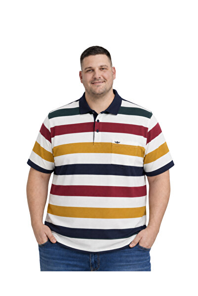 BattalModa Men's Large Size White Thick Striped Pique T-Shirt 3Xl-4Xl-5Xl-6Xl