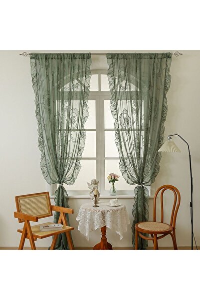 STARSTAR Two vintage olive green lace curtains with floral ruffles, measuring...