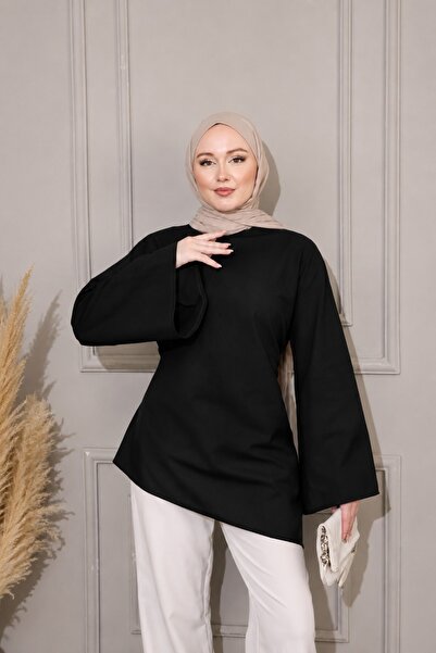 onlymoon Siyah %100 Keten Arkadan Bağlamalı Asimetrik Kesim Tunik | Geniş Kol...