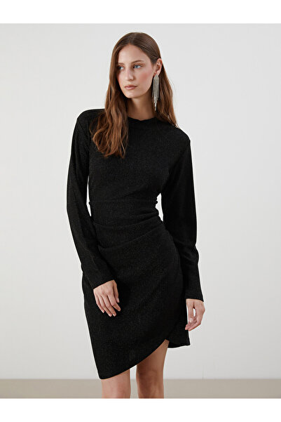 LC Waikiki Funnel Neck Ruched Shiny Look Mini Dress