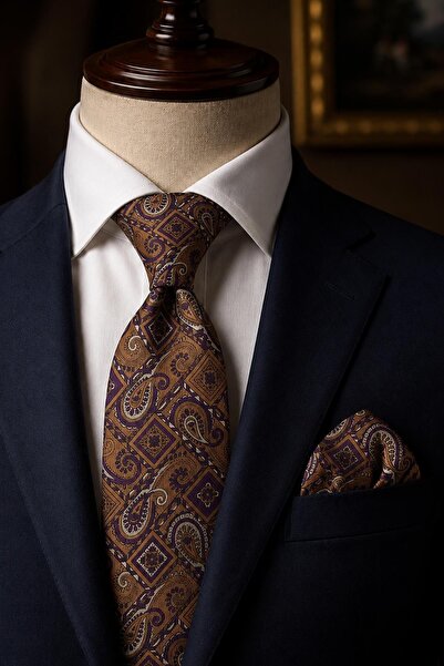 Kravatkolik Brown Shawl Pattern Classic Tie with Handkerchief Kk13902