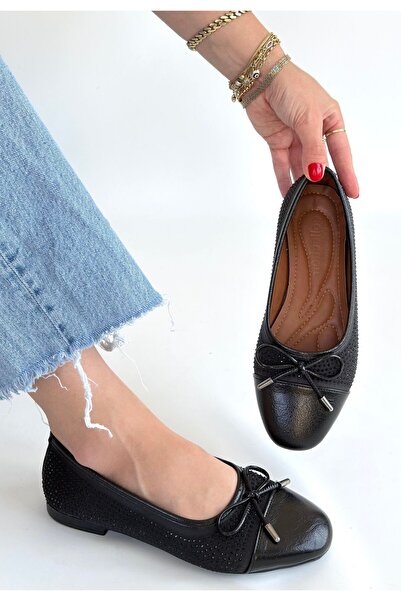 DMR Elegance Etya Black Leather Ballerina Shoes