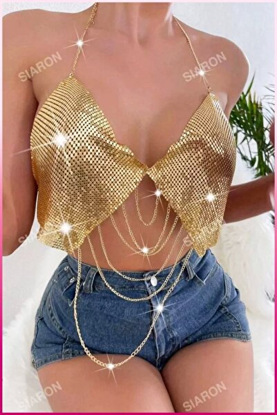Mariposa Secret Women's Chain Detailed Strappy Crop Blouse Metal Textured Sty...