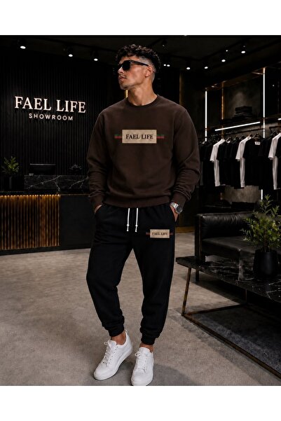 FAEL LİFE Unisex Wide Cut Zero Neck and Sweatpants Striped Printed Set