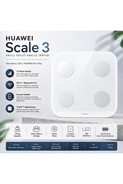 Huawei Akıllı Tartı 3 - Yağ Ölçer ve Vücut Analiz Cihazı, Beyaz Temperli Cam,...
