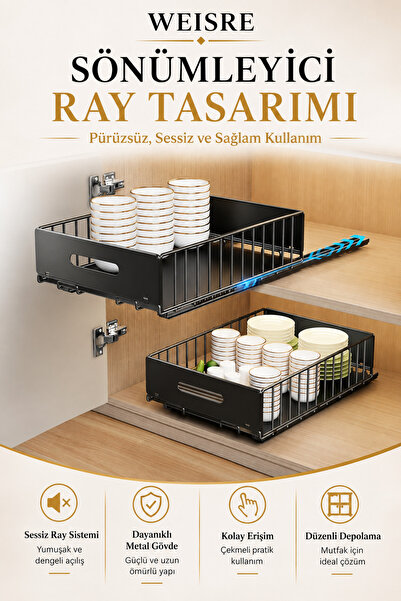 Weisre Raylı Mutfak Dolabı İçi Düzenleyici Çekmece Sepet Metal Sürgülü Organizer 25 KG Taşıma Kapasitesi