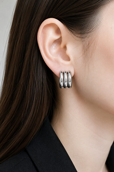 ERH Silver Color 3 Ring Detailed Women's Earrings