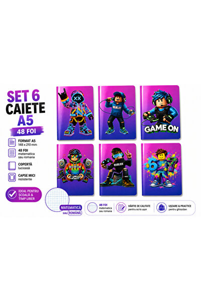 Ingift Set 6 Caiete școlare A5, Colecția ROBLOX, 48 de file, Matematica, hârt...