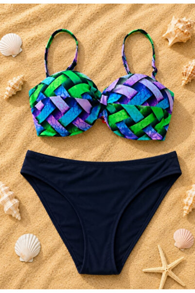 Generic Brand Costum de baie damă 2 piese, multicolor cu slip bleumarin, mări...