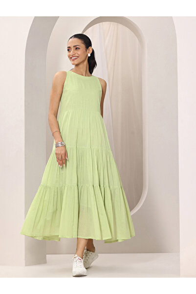 Libas By Styli Green Solid Cotton Sleeveless Tiered Midi Dress