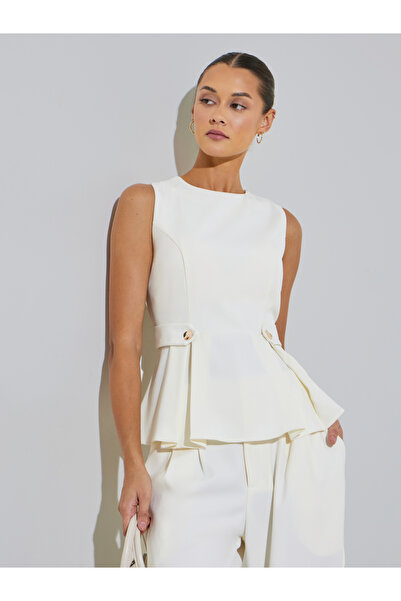Styli Off White Sleeveless Button Details Pleated Peplum Top