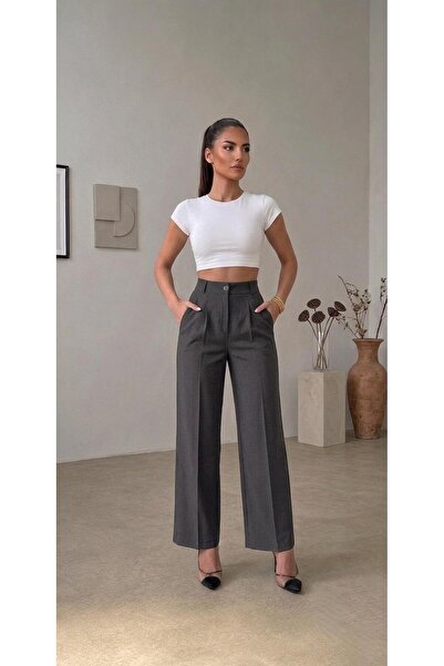 mecea prime Women's Black Lycra Button Detailed Pleated Palazzo Trousers High...