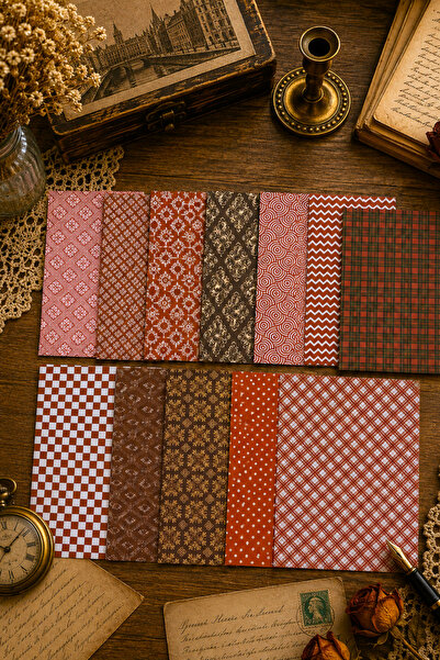 stickybloom Vintage Kırmızı/Bordo Desenler Temalı 12 Parça A6 Kağıt Seti Scra...