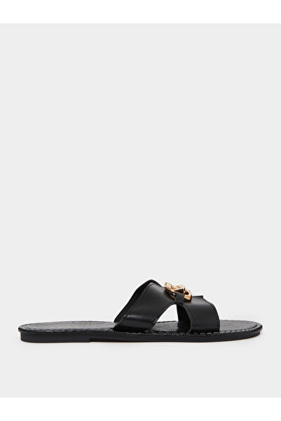 Take Two By Styli Black Flat Sandals with Gold Buckle