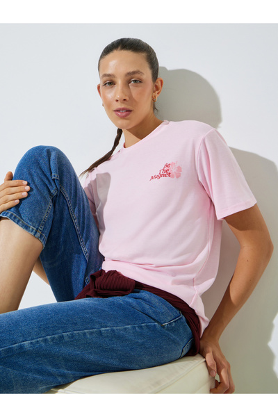 Styli Pink Regular Fit Minimal Print T-Shirt