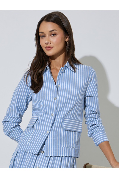 Styli Blue Striped Long Sleeves Crop Shirt