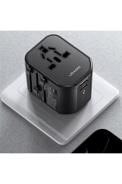 NO BRAND Adaptor de rețea USAMS 2xUSB+1xUSB-C T59 20W 4-în-1 US/AU/EU/UK negru