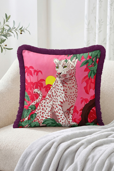 Realhomes Tropical Leopard Figured Leaf and Sunset Patterned Fringed Throw Pi...