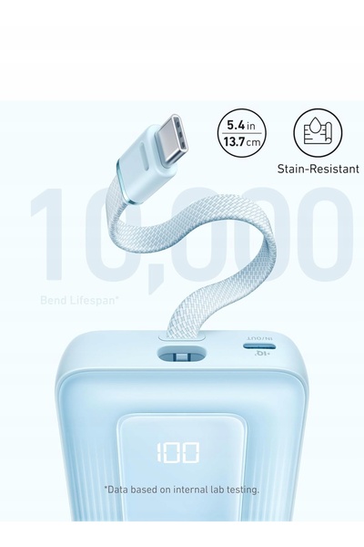 Anker Power Bank 10K, 30W cu cablu USB-C încorporat, alb