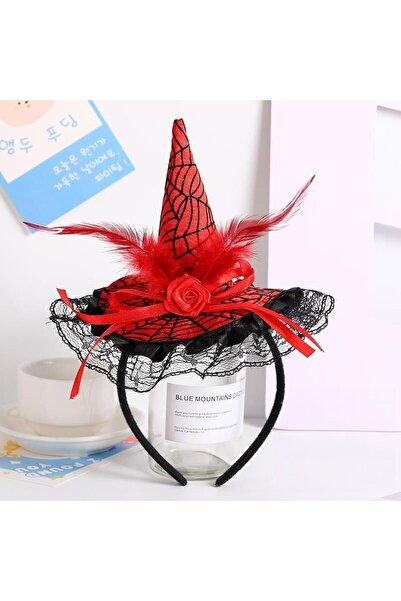 Halloween Kırmızı Tüylü Cadı Şapkalı Saç Tacı - Gül & Dantel Detaylı Cadılar Bayramı Kostüm Tacı