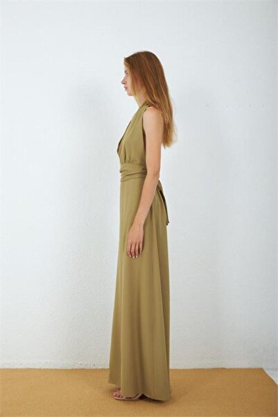 Neşeli Butik Women's Green Slit Halter Neck Backless Tie Detailed Maxi Dress ...
