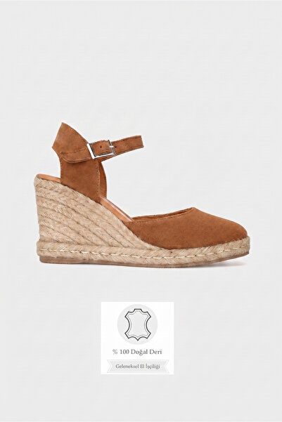 TUNAELLİ Women's Tan Suede Genuine Leather Size 36-41 Wedge Heel Daily Espadr...