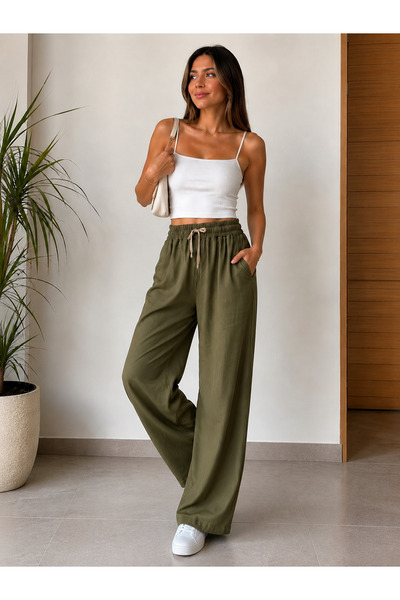 VıoShıne Pantaloni de damă cu talie elastică, din Tencel Modal, cu picior larg