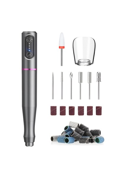 Teno Freza electrică profesională pentru unghii, 20000 RPM, LED, 6 capete, Gri