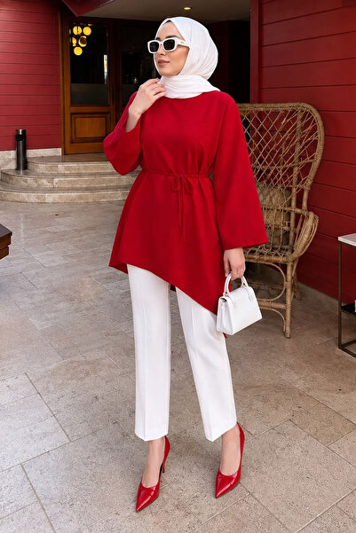 Tesettür Dünyası Tie-Waist Asymmetrical Cut Tunic Tsd260265 Red