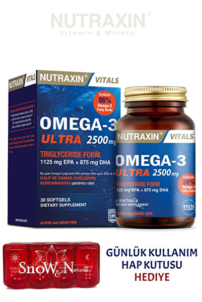 Nutraxin Omega-3 2500 mg Balık Yağı (EPA 1125, DHA 875 Mg) 30 Softgel + Hap K...