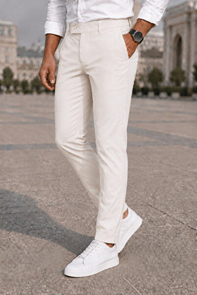 MODAMESTO Men's Off-White Slim Fit Lycra Side Pocket Ankle Length Plain Fabri...