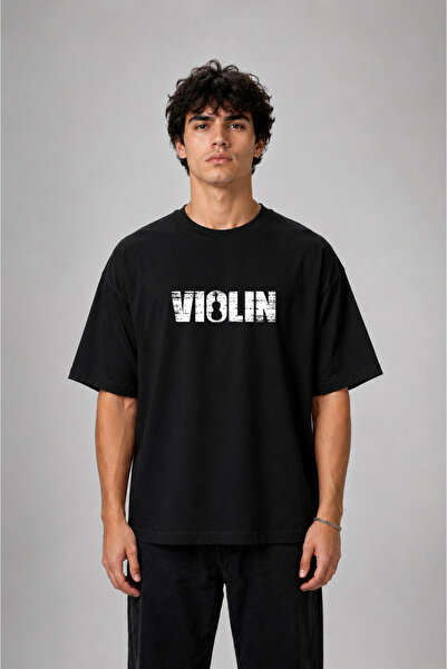 cesita Tricou negru din bumbac imprimat cu vioară