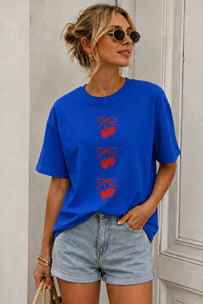 ArtYus Cherry Printed Crew Neck Casual Unisex Oversize T-Shirt - Fruit-Themed...