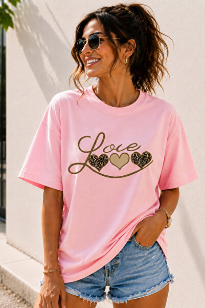 ArtYus Love Text Printed Crew Neck Casual Unisex Oversize T-Shirt - Heart The...