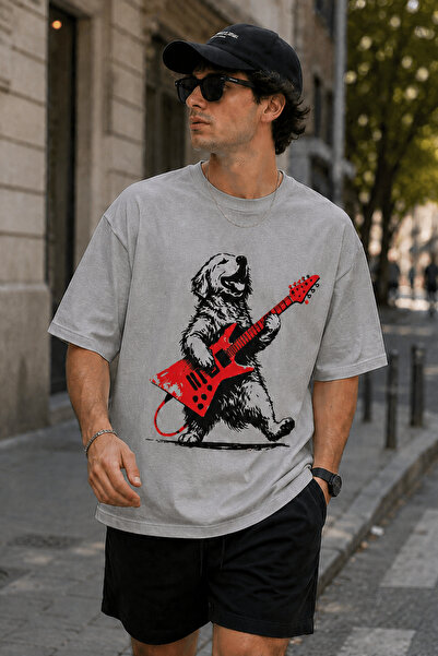 ArtYus Dog Playing Guitar Printed Crew Neck Casual Unisex Oversize T-Shirt - ...
