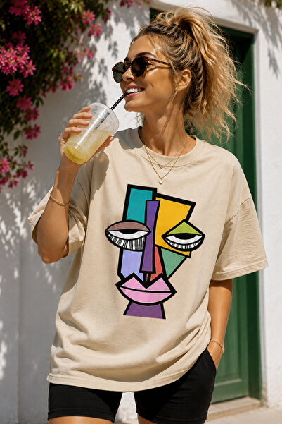 ArtYus Modern Abstract Face Print Crew Neck Casual Unisex Oversize T-Shirt - ...