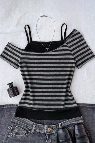 Karakedi Black Anthracite Striped Harajuku Y2K Short Sleeve Crop with Additio...