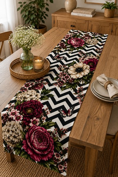 Elay Tekstil Floral Patterned Decorative Cushion Cover and Runner Set Black and White Zigzag Digital Print Modern Living Room Set