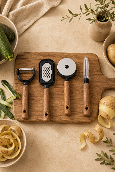 Seral Pastel 4-Piece Wooden Handle Kitchen Prep Set - Peeler, Grater, Pizza C...